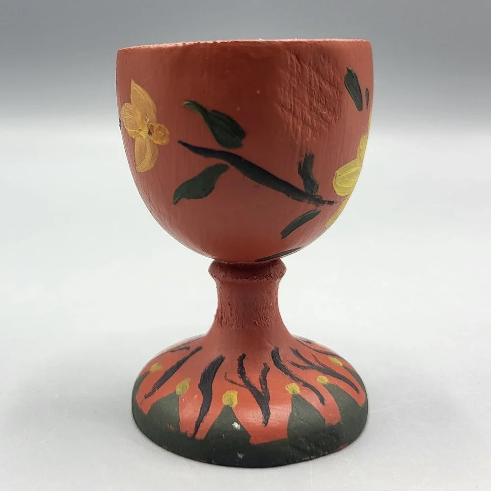 Vintage Wooden Hand Painted Egg Cup Red Floral Design Kitchen Art Folk Decor 2